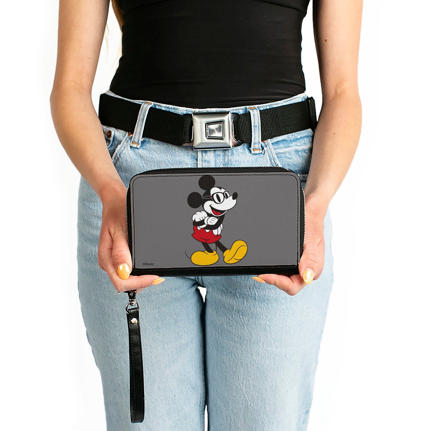 Women's PU Zip Around Wallet Rectangle - Mickey Mouse Wearing Glasses Arms Crossed Pose Gray