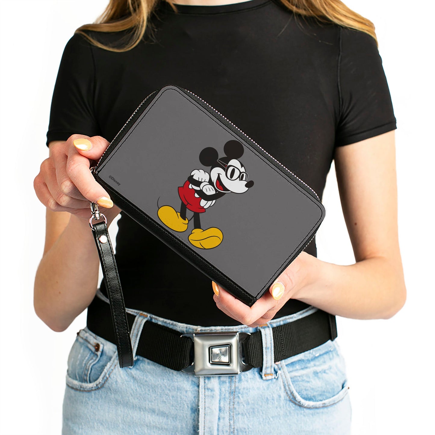 Women's PU Zip Around Wallet Rectangle - Mickey Mouse Wearing Glasses Arms Crossed Pose Gray