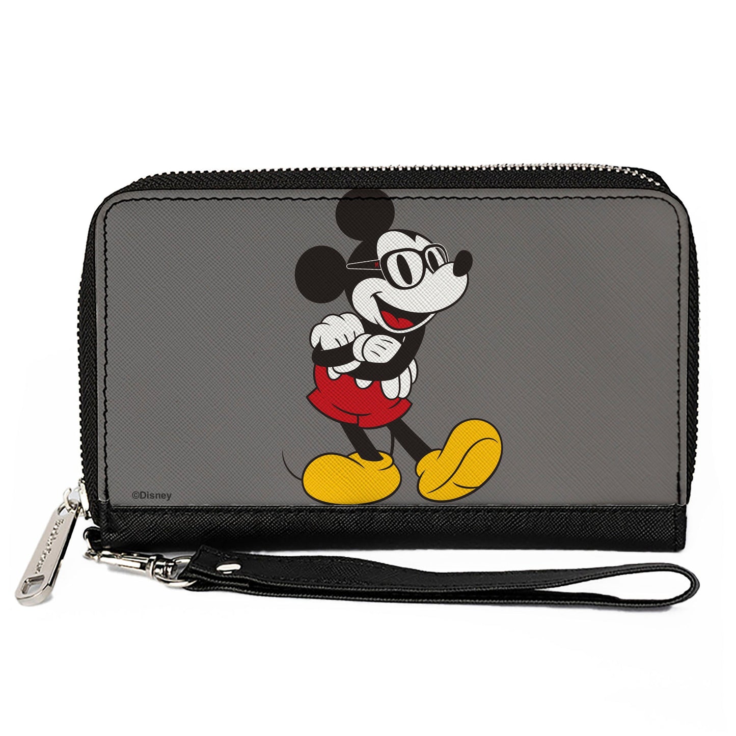 Women's PU Zip Around Wallet Rectangle - Mickey Mouse Wearing Glasses Arms Crossed Pose Gray