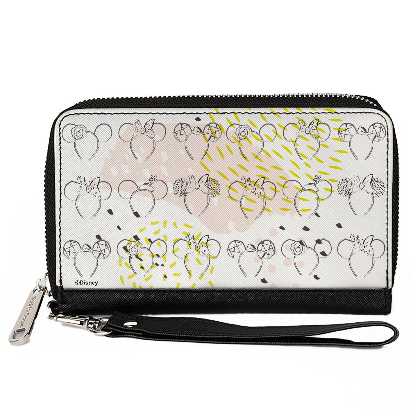 Women's PU Zip Around Wallet Rectangle - Minnie Mouse Ears Sketches White Pinks Grays