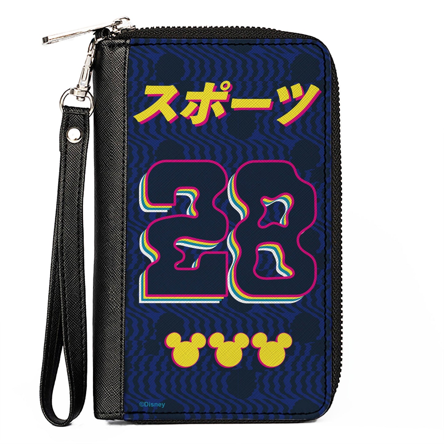 Women's PU Zip Around Wallet Rectangle - Mickey Mouse 28 Sports Kanji Blue Pink Yellow