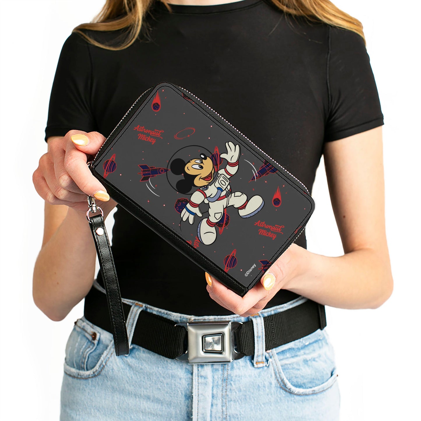 Women's PU Zip Around Wallet Rectangle - Astronaut Mickey in Space Pose Gray Red Blue