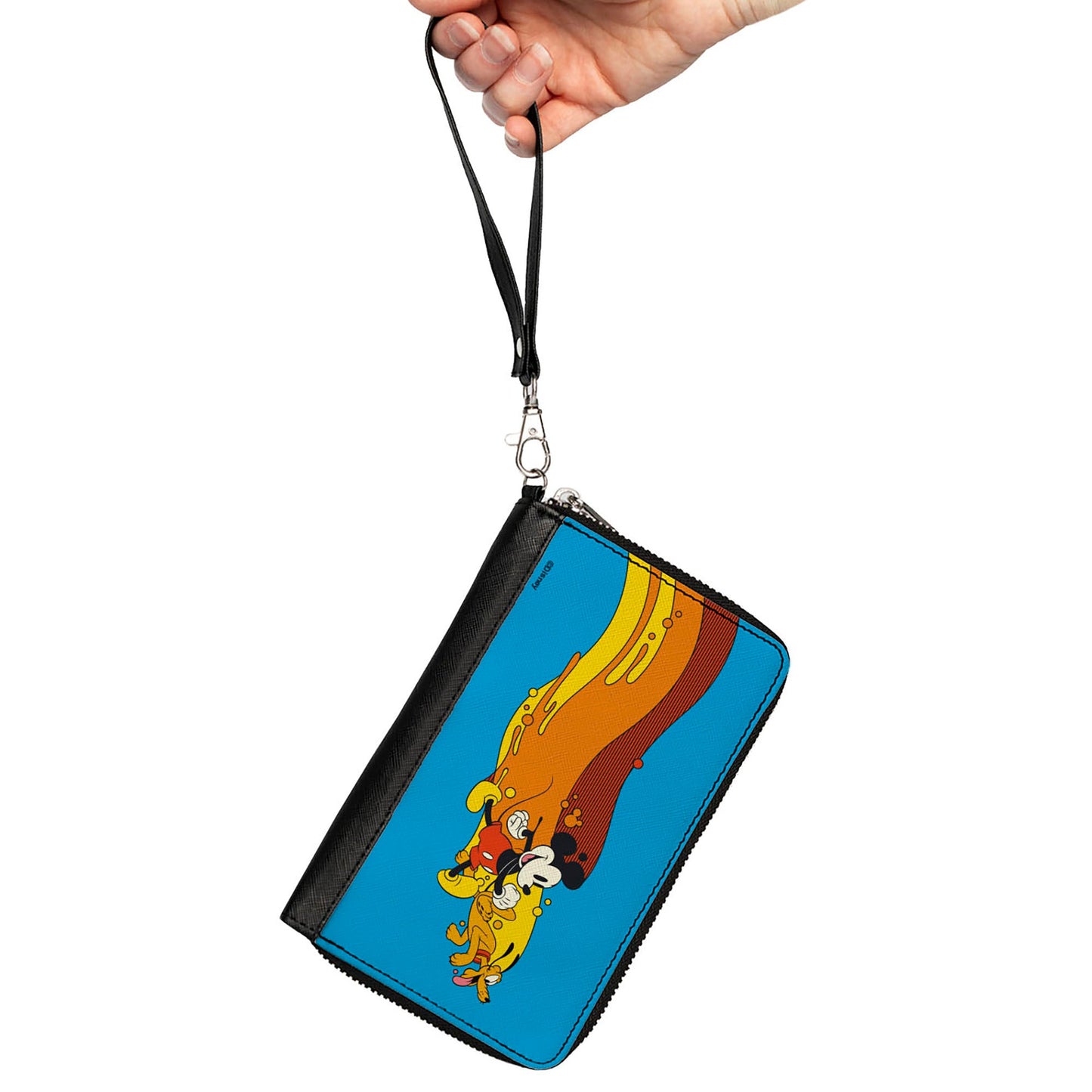 Women's PU Zip Around Wallet Rectangle - Mickey Mouse and Pluto Action Wave Pose Blue Red Orange Yellow