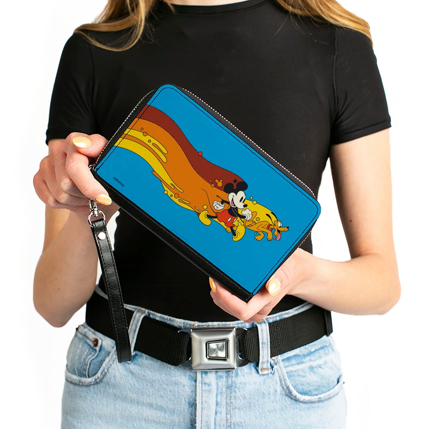 Women's PU Zip Around Wallet Rectangle - Mickey Mouse and Pluto Action Wave Pose Blue Red Orange Yellow