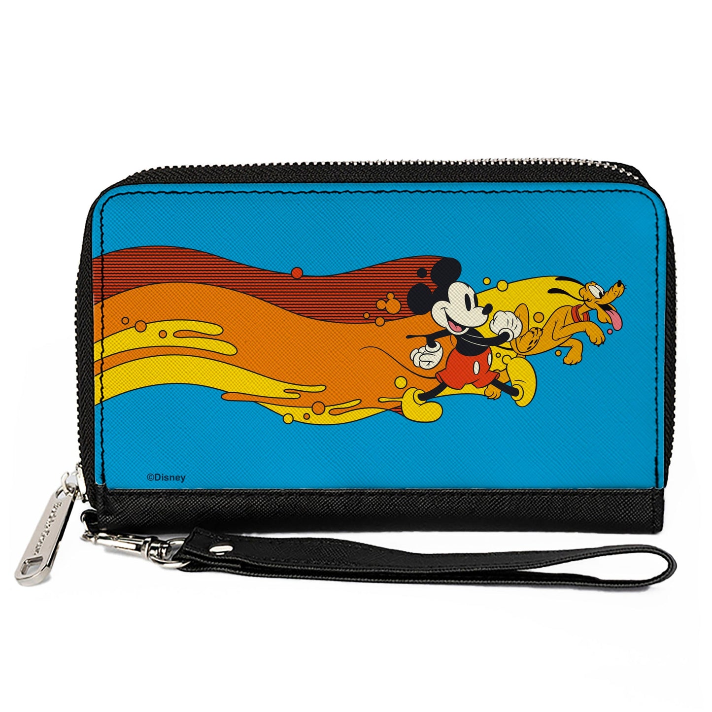 Women's PU Zip Around Wallet Rectangle - Mickey Mouse and Pluto Action Wave Pose Blue Red Orange Yellow