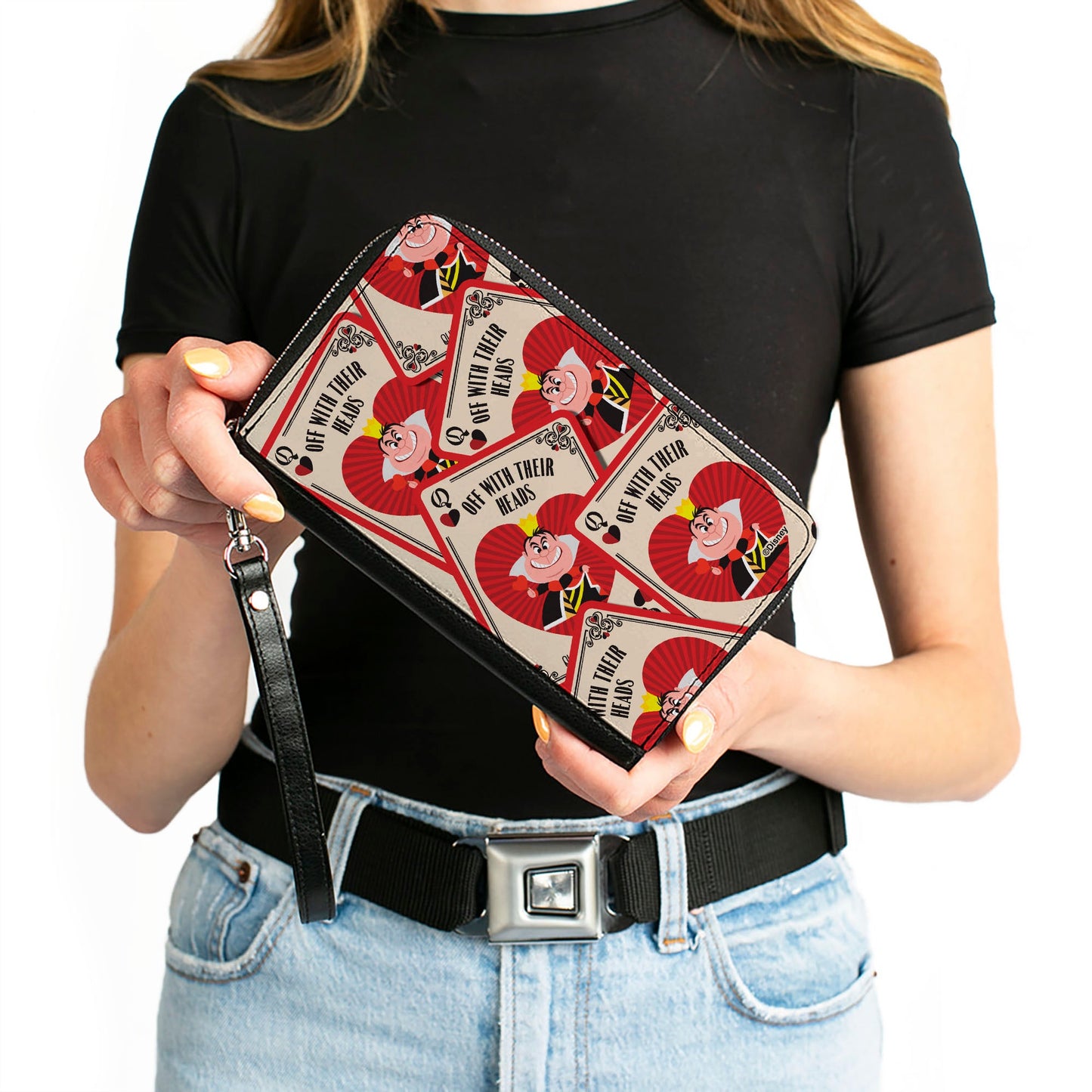 PU Zip Around Wallet Rectangle - Alice in Wonderland Queen of Hearts OFF WITH THEIR HEADS Cards Stacked