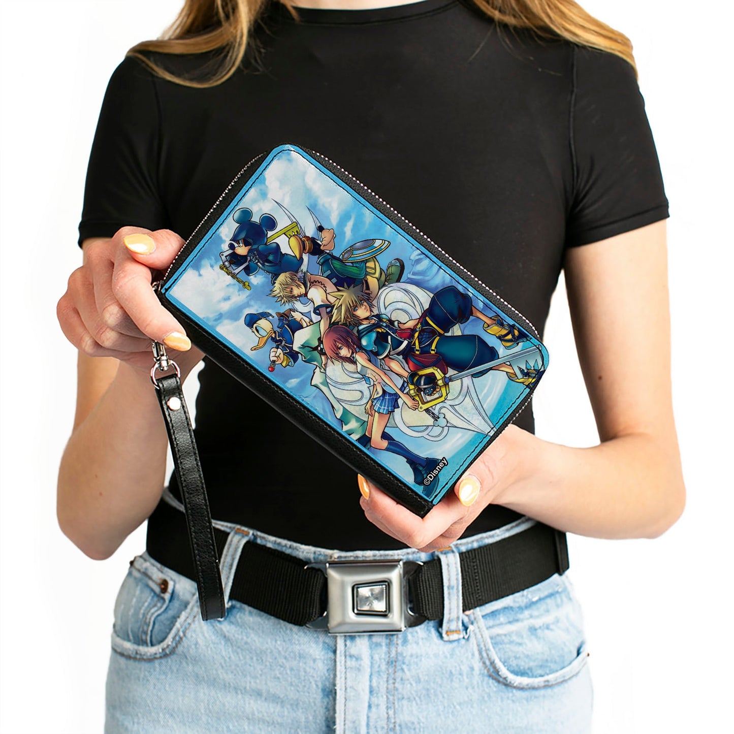 PU Zip Around Wallet Rectangle - KINGDOM HEARTS 6-Character Group Pose Clouds Blues