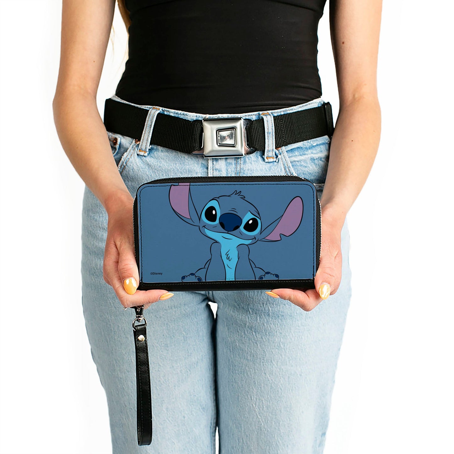 PU Zip Around Wallet Rectangle - Lilo & Stitch Stitch Sweet Smiling Pose CLOSE-UP Blues