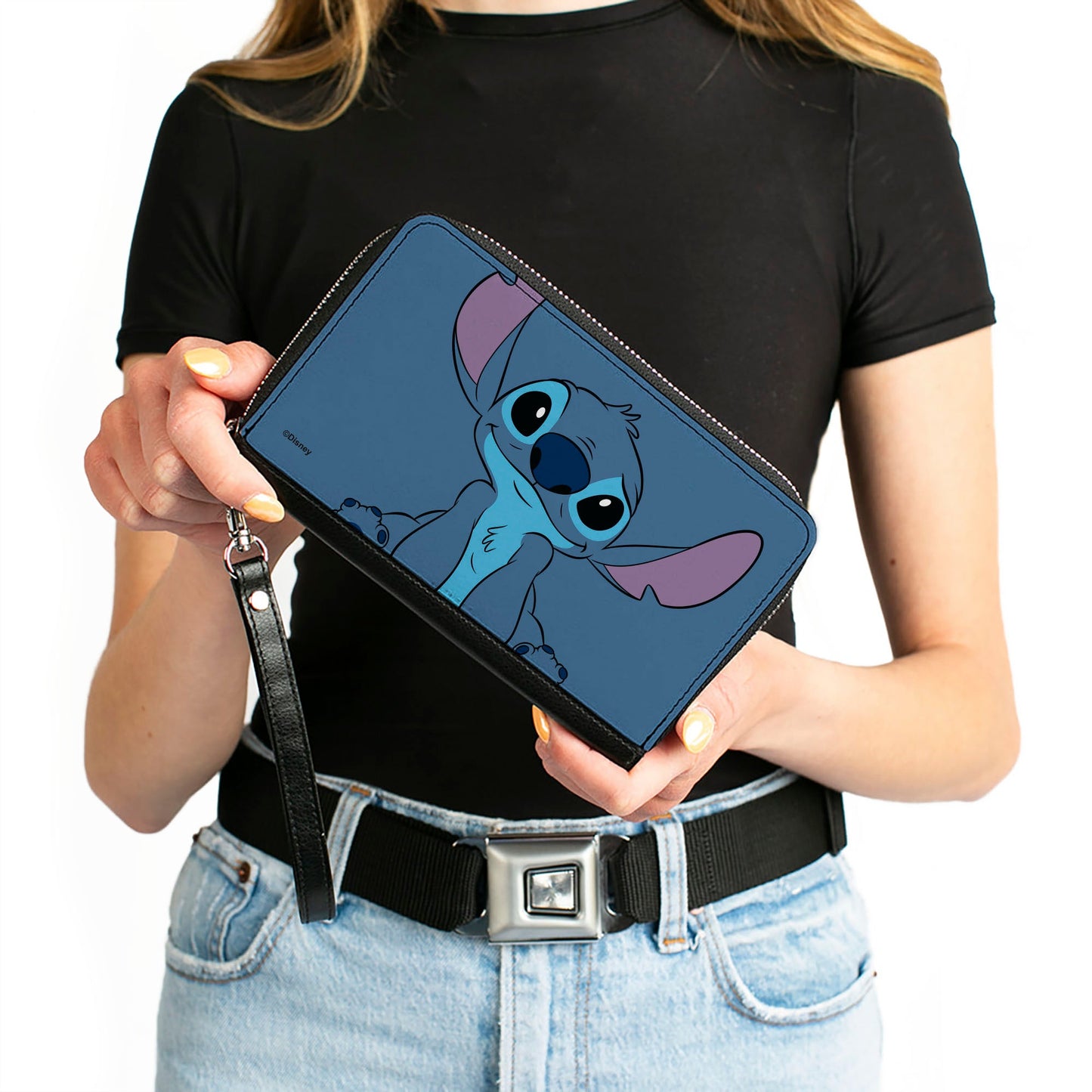 PU Zip Around Wallet Rectangle - Lilo & Stitch Stitch Sweet Smiling Pose CLOSE-UP Blues