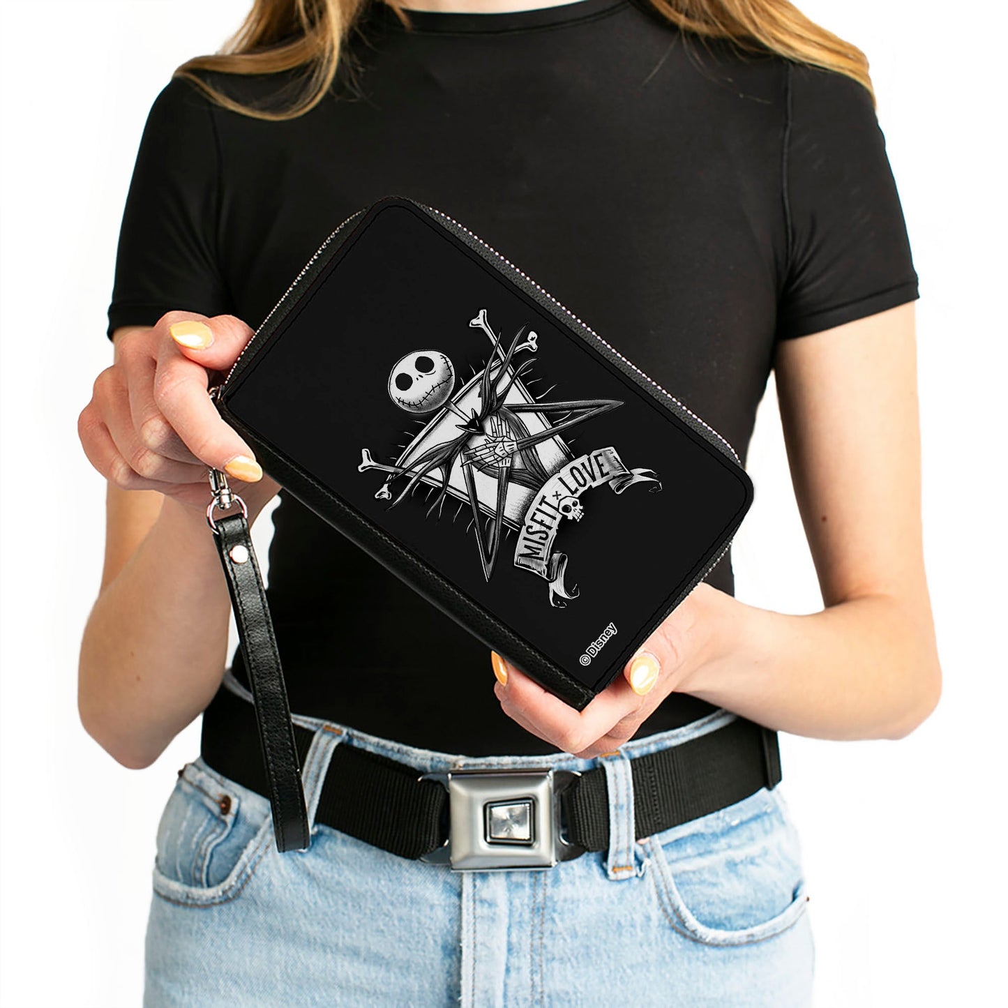 PU Zip Around Wallet Rectangle - A Nightmare Before Christmas MISFIT LOVE Jack and Sally Poses Black/Grays