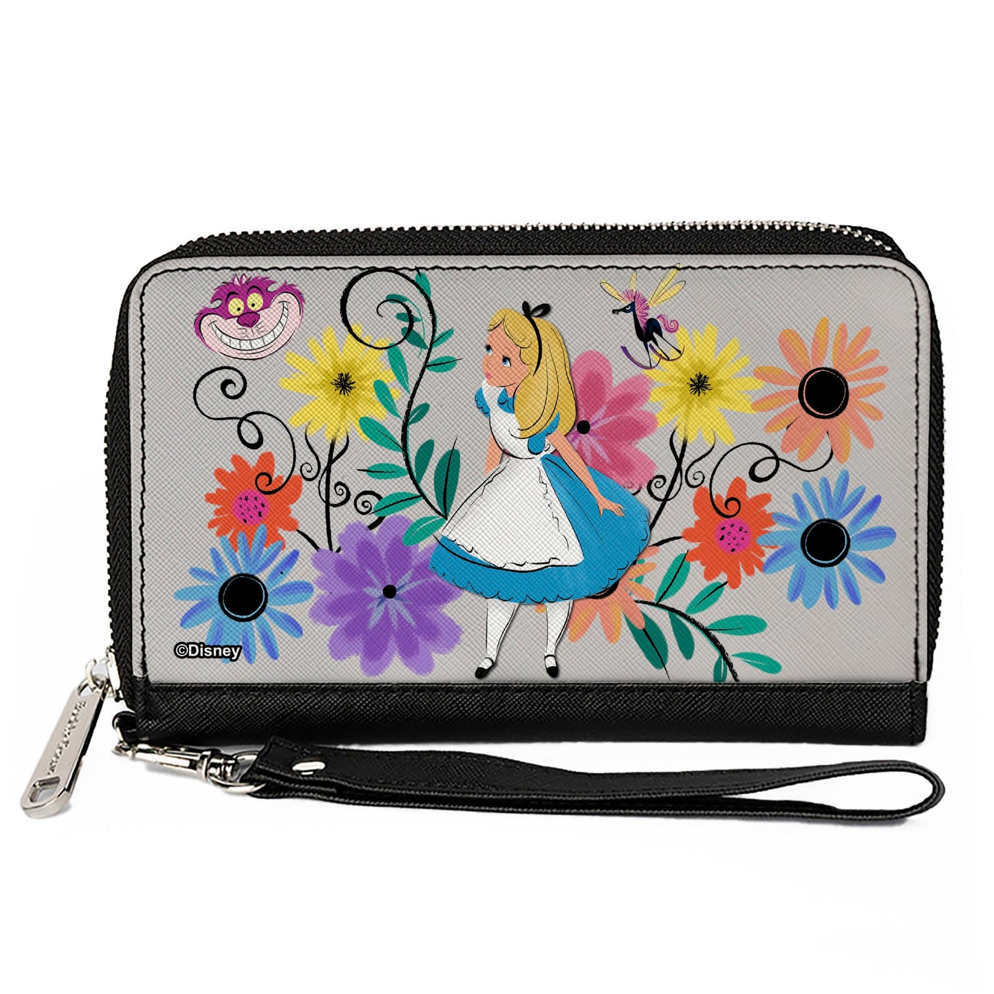 PU Zip Around Wallet Rectangle - Alice Pose/Cheshire Cat Face/Flowers of Wonderland + Flower Trio Gray/Multi Color