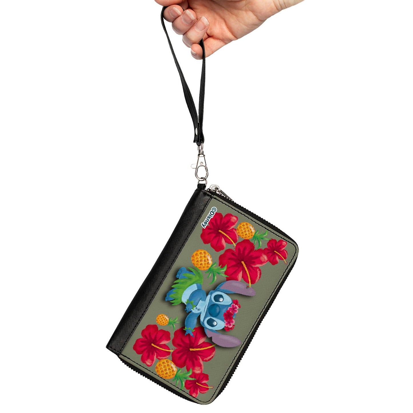 PU Zip Around Wallet Rectangle - Lilo & Stitch Stitch Hula Pose and Hibiscus Flowers Pineapples Gray