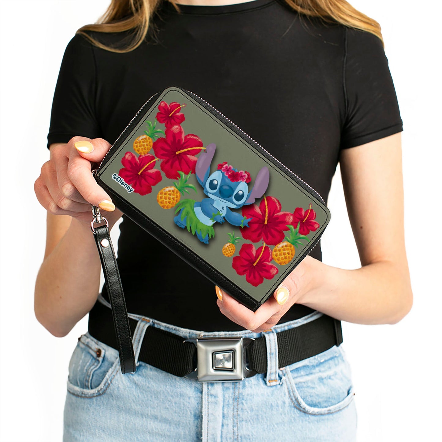 PU Zip Around Wallet Rectangle - Lilo & Stitch Stitch Hula Pose and Hibiscus Flowers Pineapples Gray