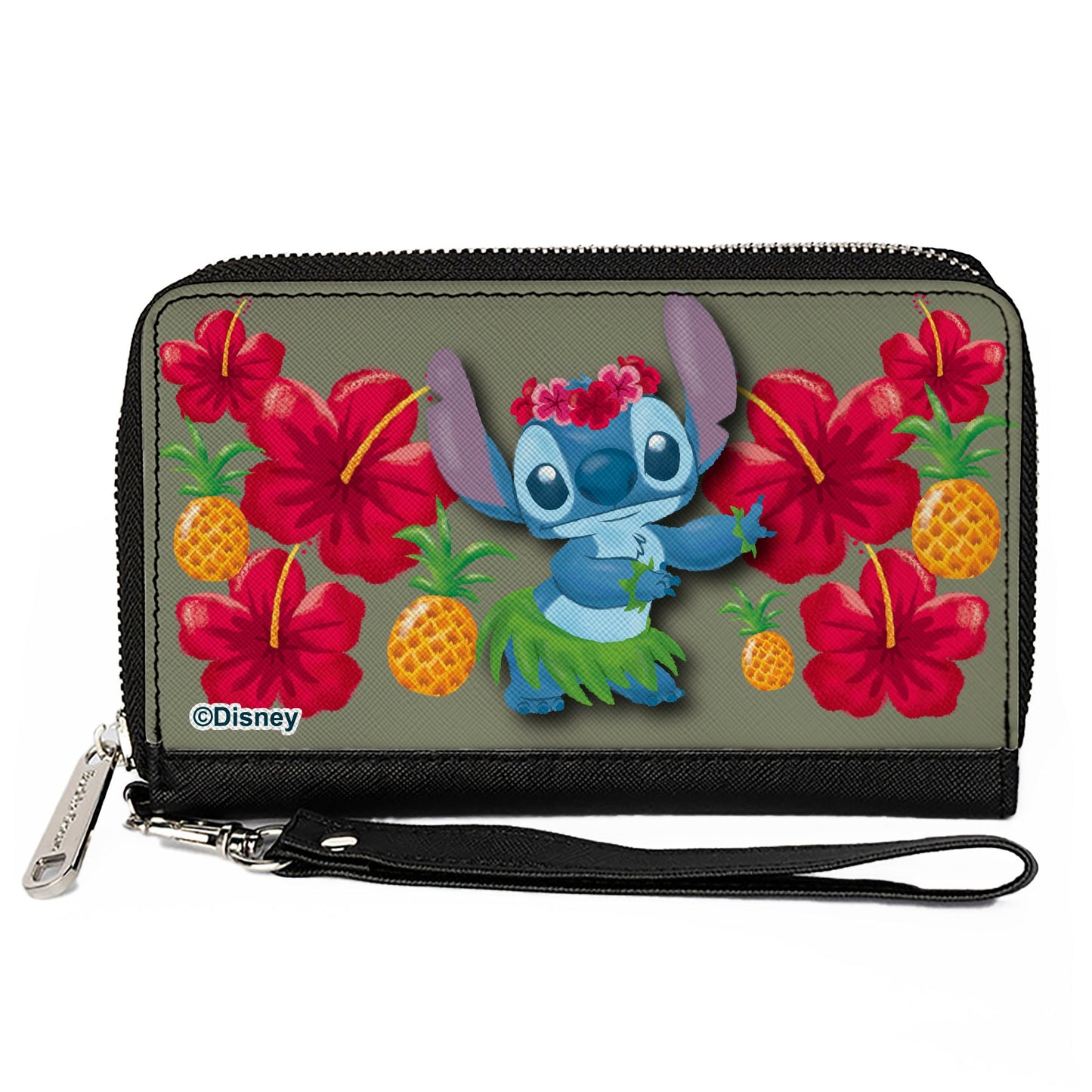 PU Zip Around Wallet Rectangle - Lilo & Stitch Stitch Hula Pose and Hibiscus Flowers Pineapples Gray