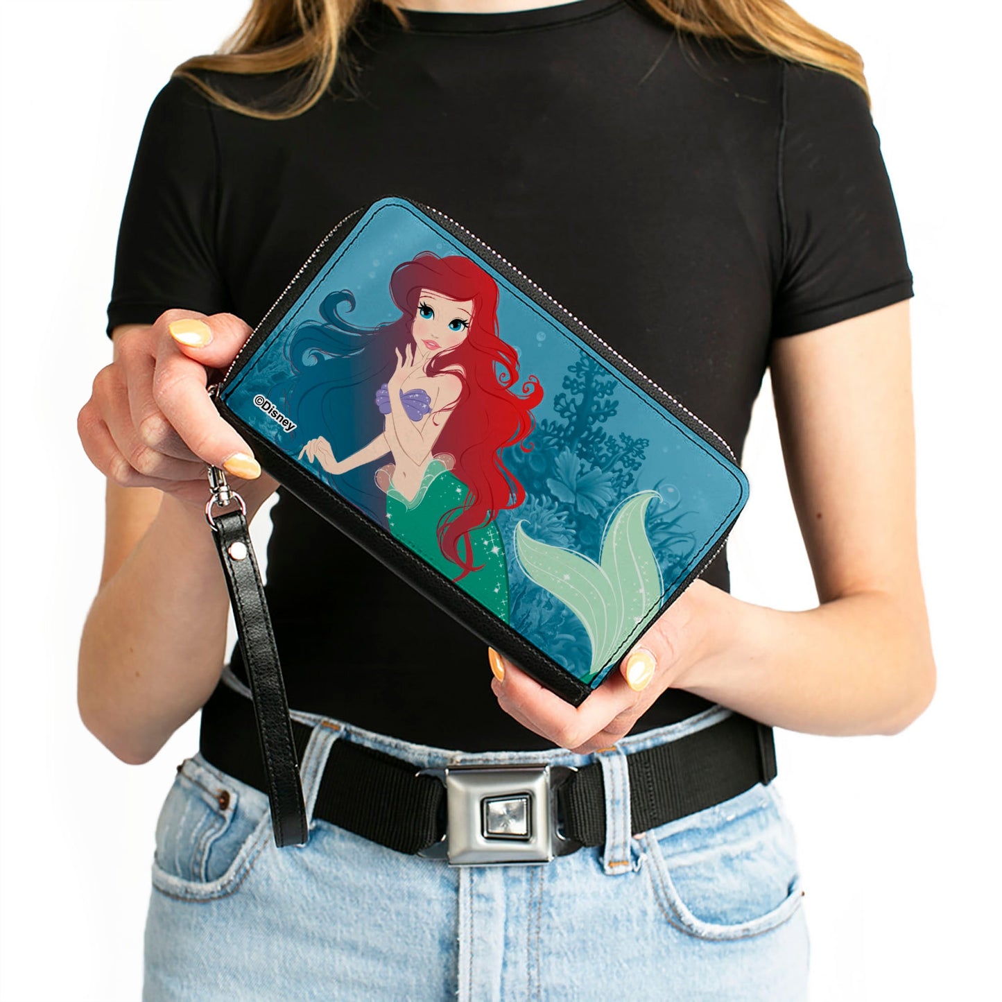 PU Zip Around Wallet Rectangle - The Little Mermaid Ariel Reef Pose Blues