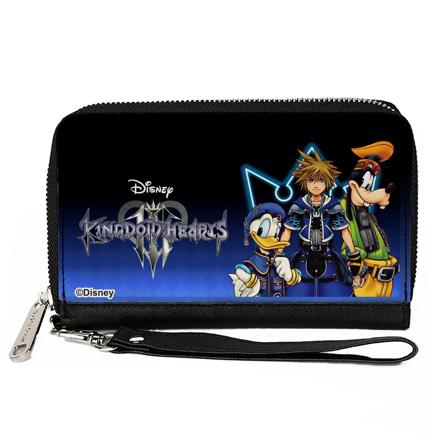 PU Zip Around Wallet Rectangle - Kingdom Hearts Donald Sora and Goofy Group Pose Blue Fade