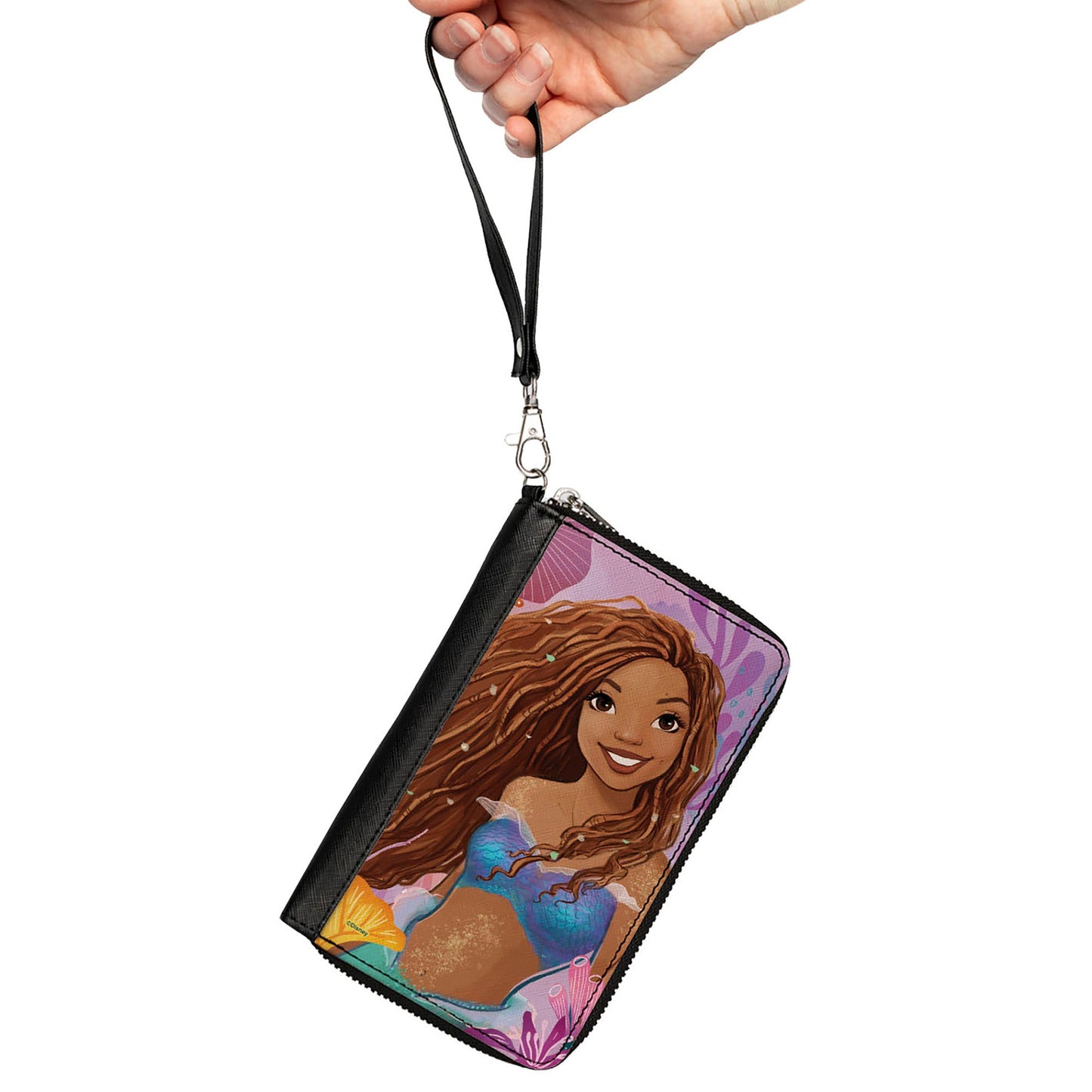 PU Zip Around Wallet Rectangle - The Little Mermaid Ariel Smiling Pose and Shells Pinks