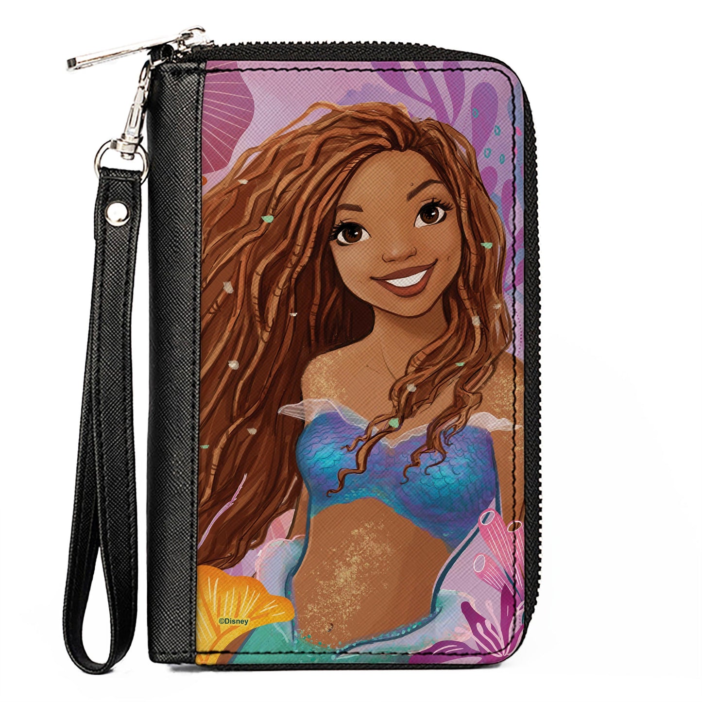 PU Zip Around Wallet Rectangle - The Little Mermaid Ariel Smiling Pose and Shells Pinks