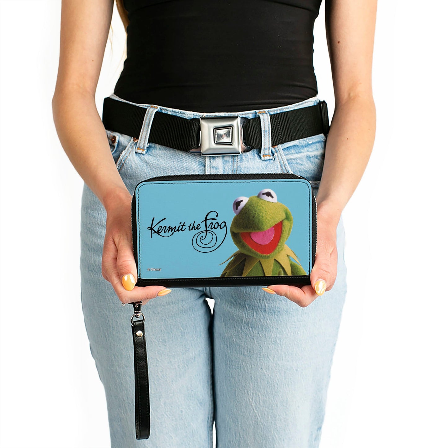 PU Zip Around Wallet Rectangle - The Muppets KERMIT THE FROG Portrait and Autograph Blue