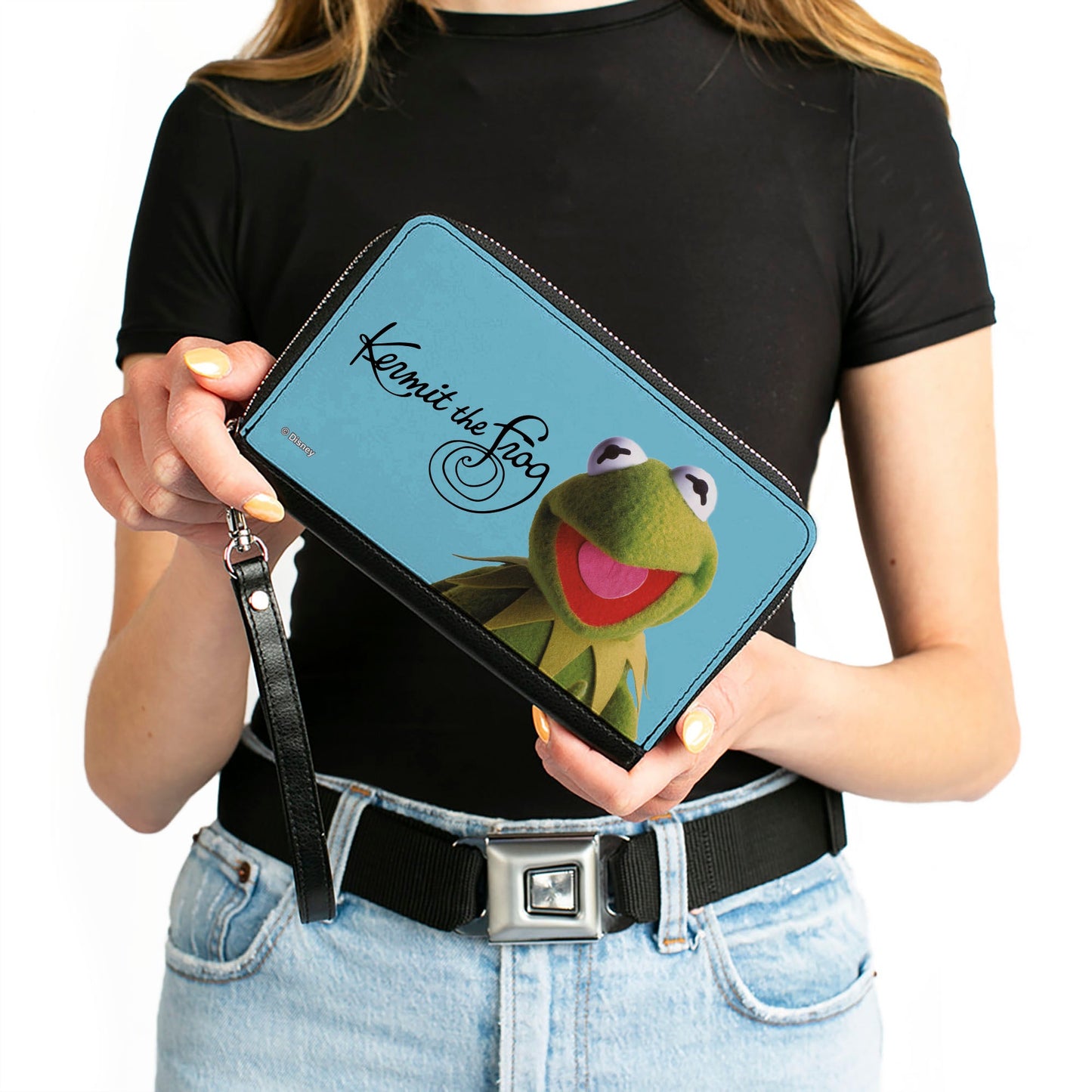 PU Zip Around Wallet Rectangle - The Muppets KERMIT THE FROG Portrait and Autograph Blue