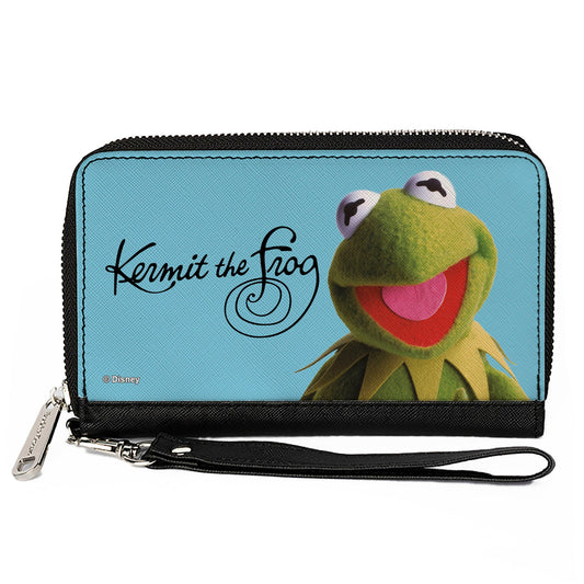 PU Zip Around Wallet Rectangle - The Muppets KERMIT THE FROG Portrait and Autograph Blue