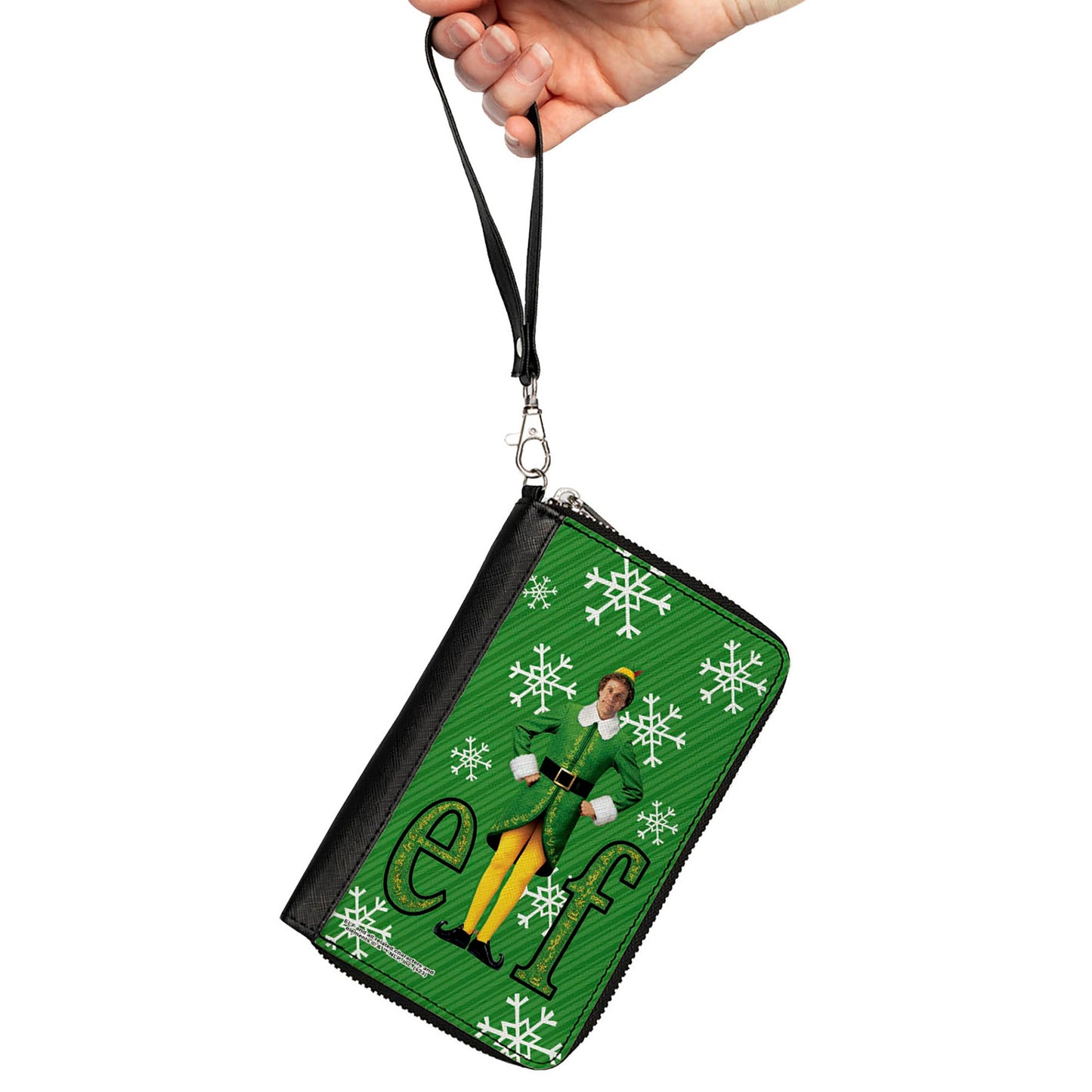 PU Zip Around Wallet Rectangle - Elf Buddy the Elf Logo Pose Snowflakes Greens/White