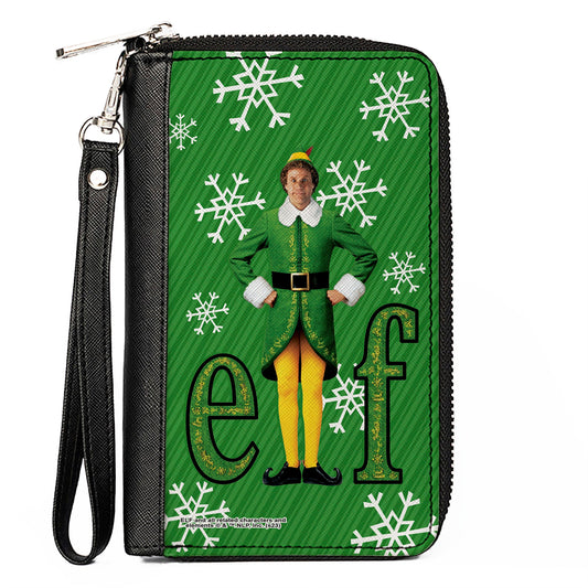 PU Zip Around Wallet Rectangle - Elf Buddy the Elf Logo Pose Snowflakes Greens/White