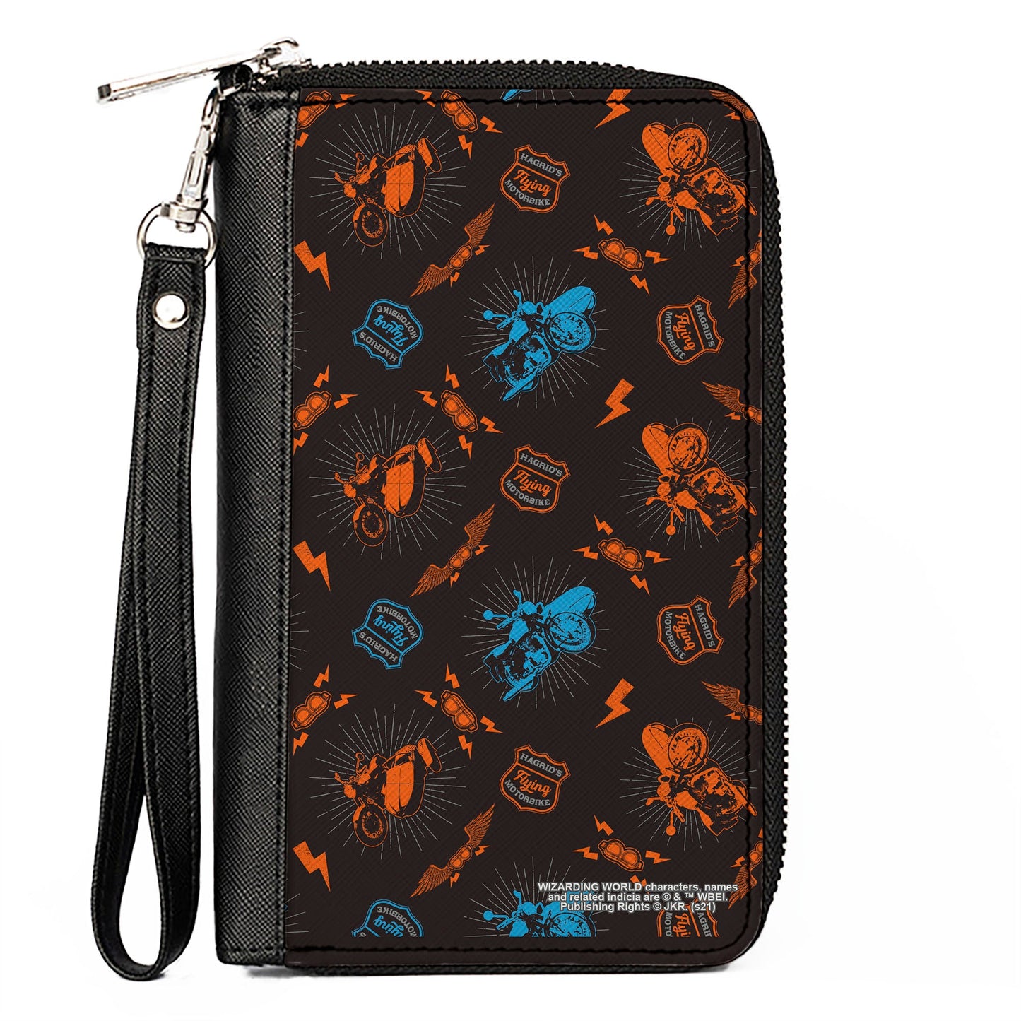 Women's PU Zip Around Wallet Rectangle - Harry Potter HAGRID'S FLYING MOTORBIKE Scattered Black Gray Blue Orange