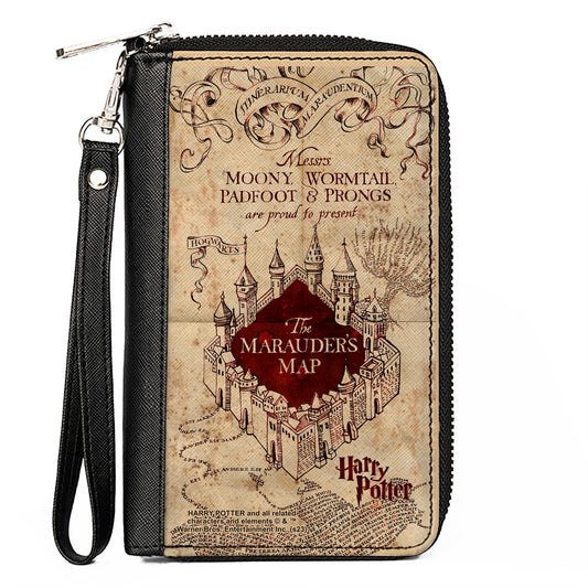 PU Zip Around Wallet Rectangle - Hogwarts School THE MARAUDER'S MAP Tan/Reds