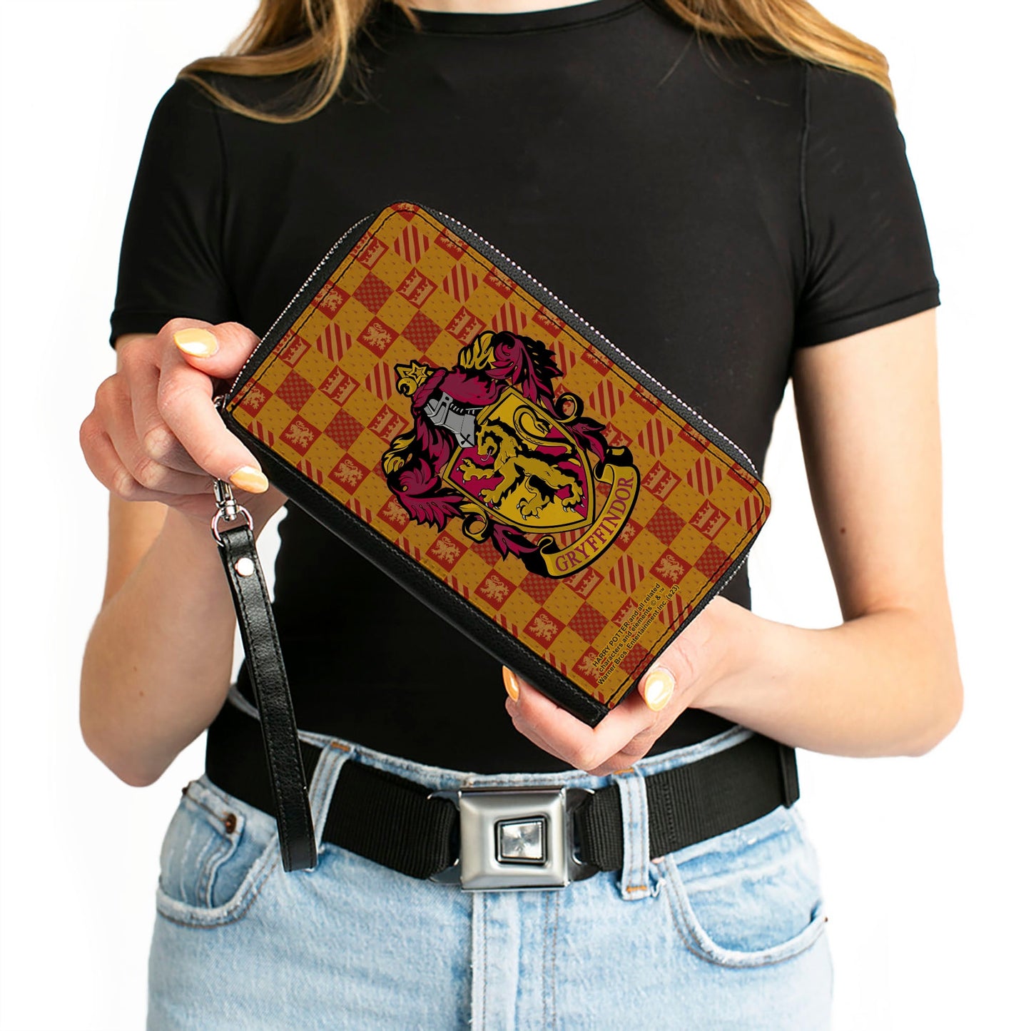 PU Zip Around Wallet Rectangle - Harry Potter GRYFFINDOR Crest/Heraldry Checkers Golds/Reds