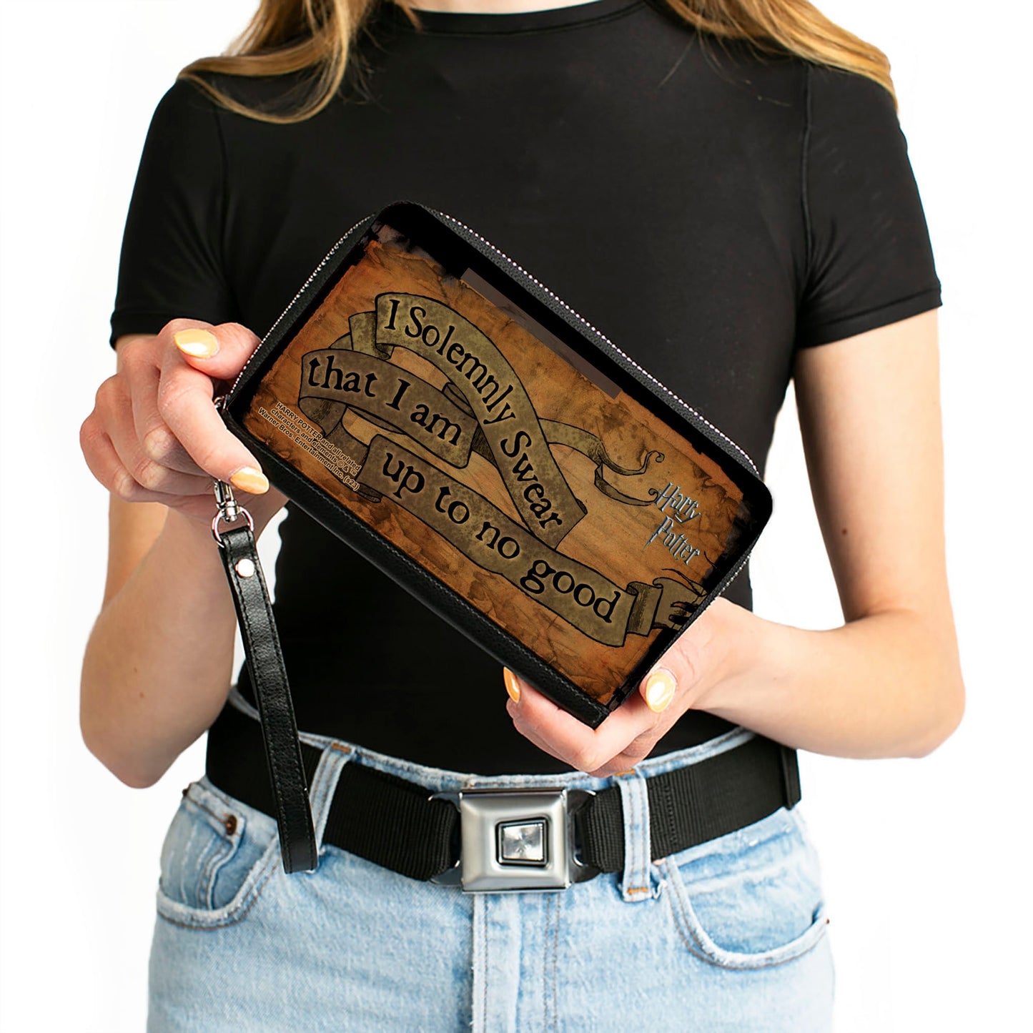 PU Zip Around Wallet Rectangle - Harry Potter I SOLEMNLY SWEAR THAT I AM UP TO NO GOOD Banner Tan/Black