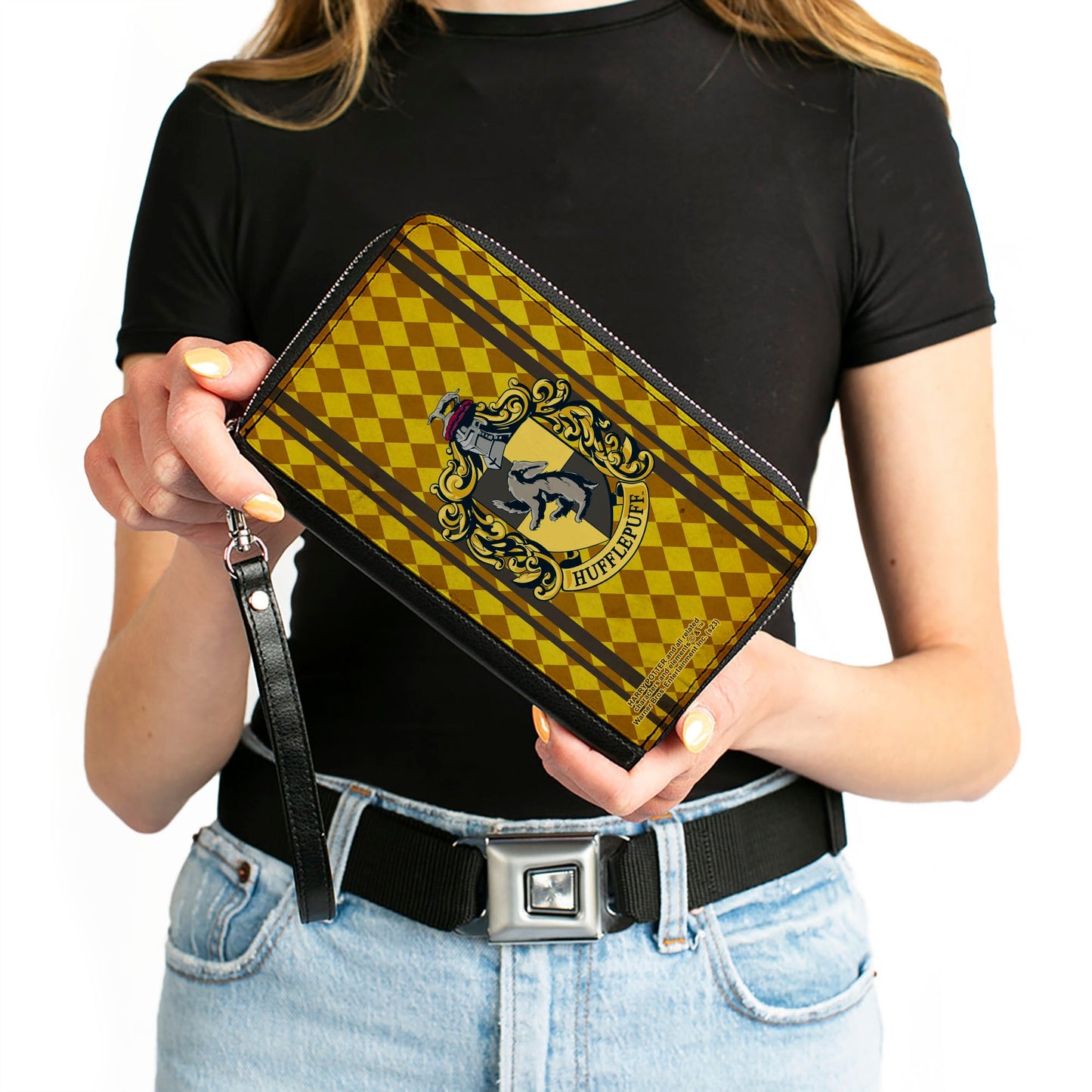 PU Zip Around Wallet Rectangle - HUFFLEPUFF Crest Stripes/Diamonds Gold/Browns