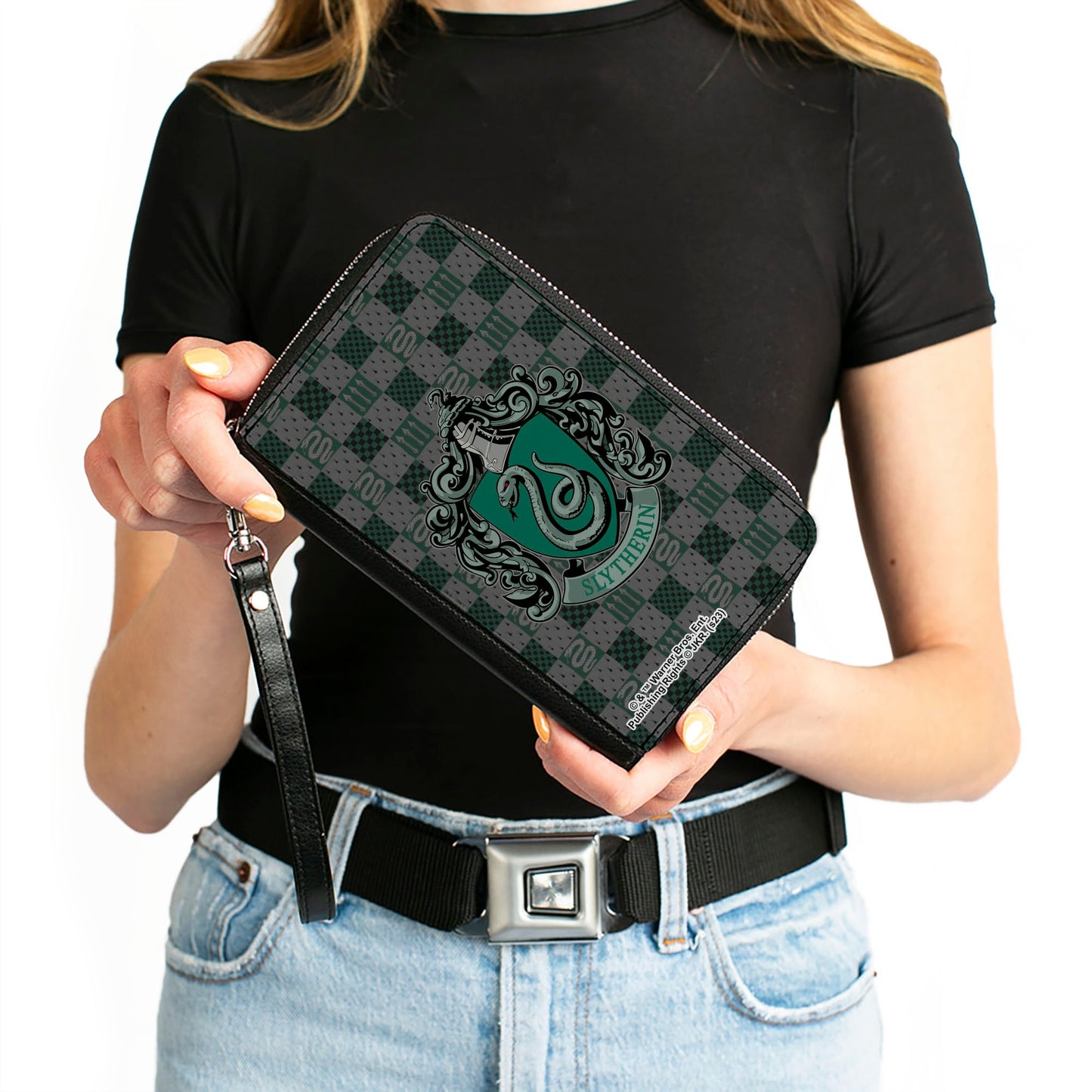 PU Zip Around Wallet Rectangle - Harry Potter SLYTHERIN Crest/Heraldry Checkers Gray/Greens