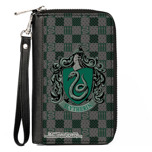 PU Zip Around Wallet Rectangle - Harry Potter SLYTHERIN Crest/Heraldry Checkers Gray/Greens