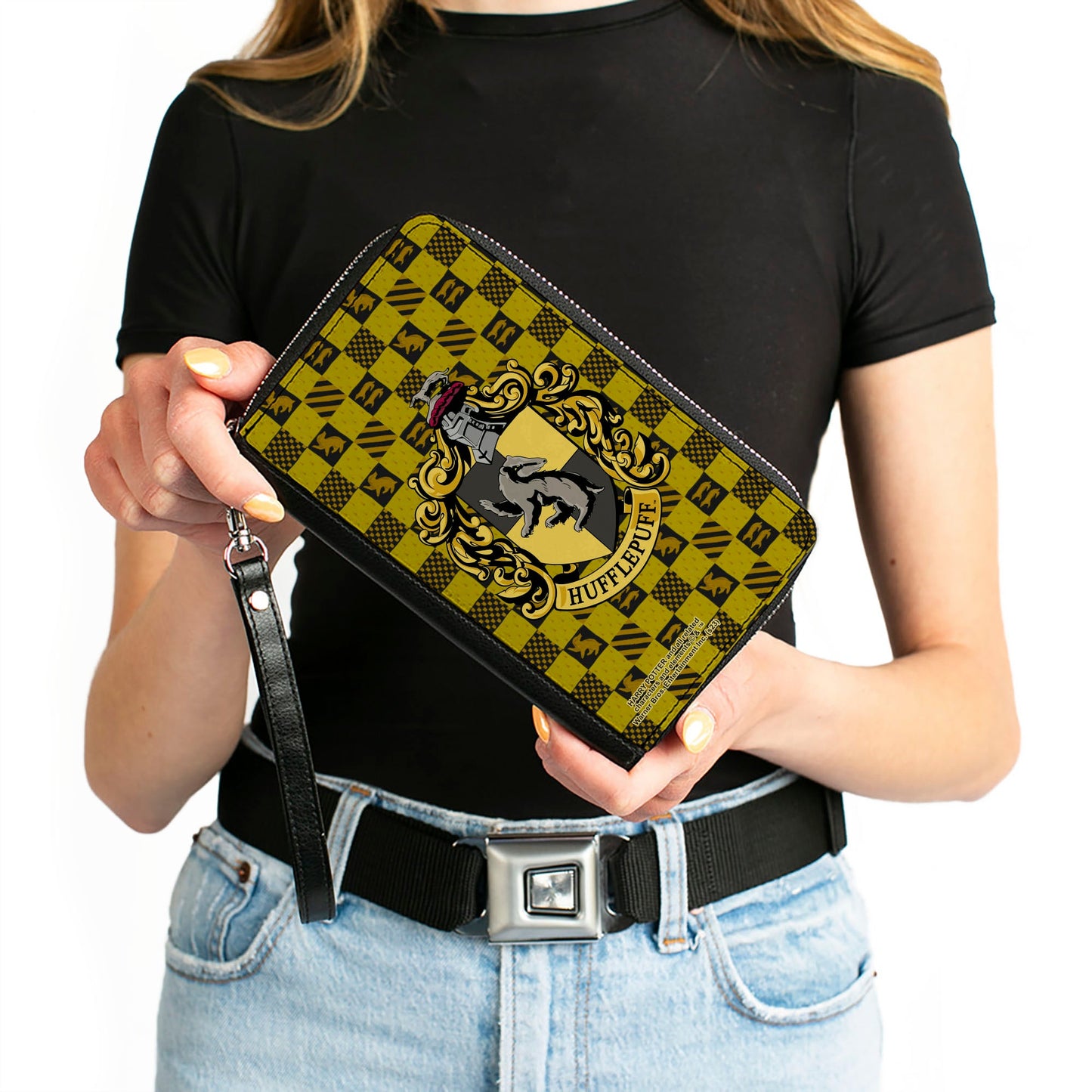 PU Zip Around Wallet Rectangle - Harry Potter HUFFLEPUFF Crest Heraldry Checkers Golds/Black