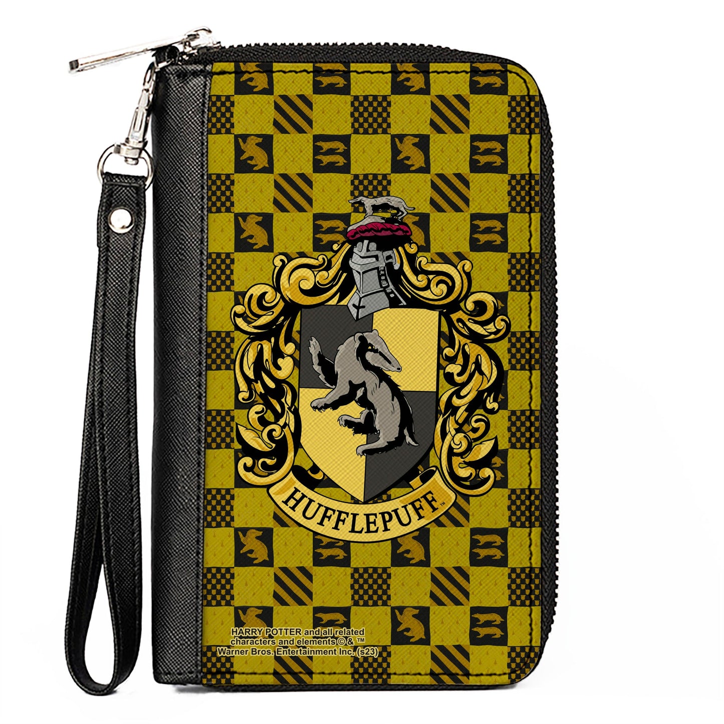 PU Zip Around Wallet Rectangle - Harry Potter HUFFLEPUFF Crest Heraldry Checkers Golds/Black