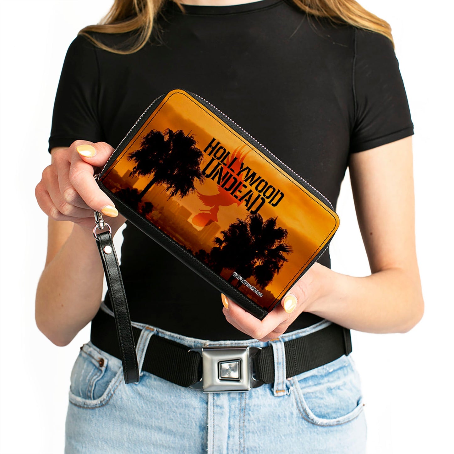 Women's PU Zip Around Wallet Rectangle - HOLLYWOOD UNDEAD Text Logo Skyline Oranges Black