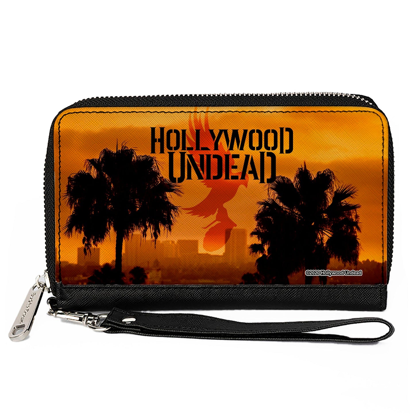 Women's PU Zip Around Wallet Rectangle - HOLLYWOOD UNDEAD Text Logo Skyline Oranges Black