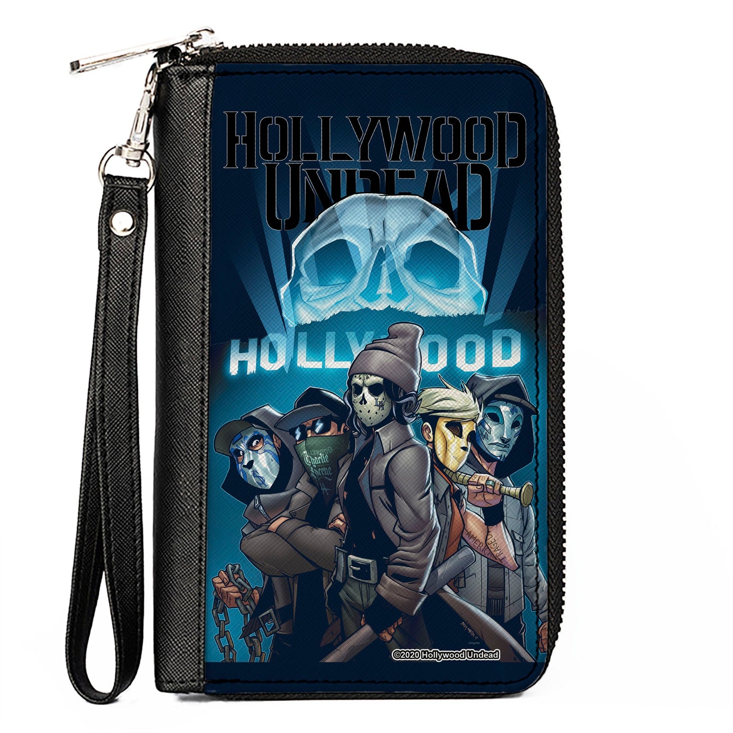 Women's PU Zip Around Wallet Rectangle - HOLLYWOOD UNDEAD Comic Crew Skull Black Blues