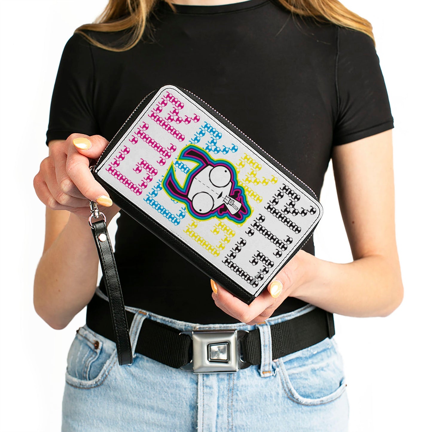 PU Zip Around Wallet Rectangle - Invader Zim GIR Pose and Text White/Multi Color