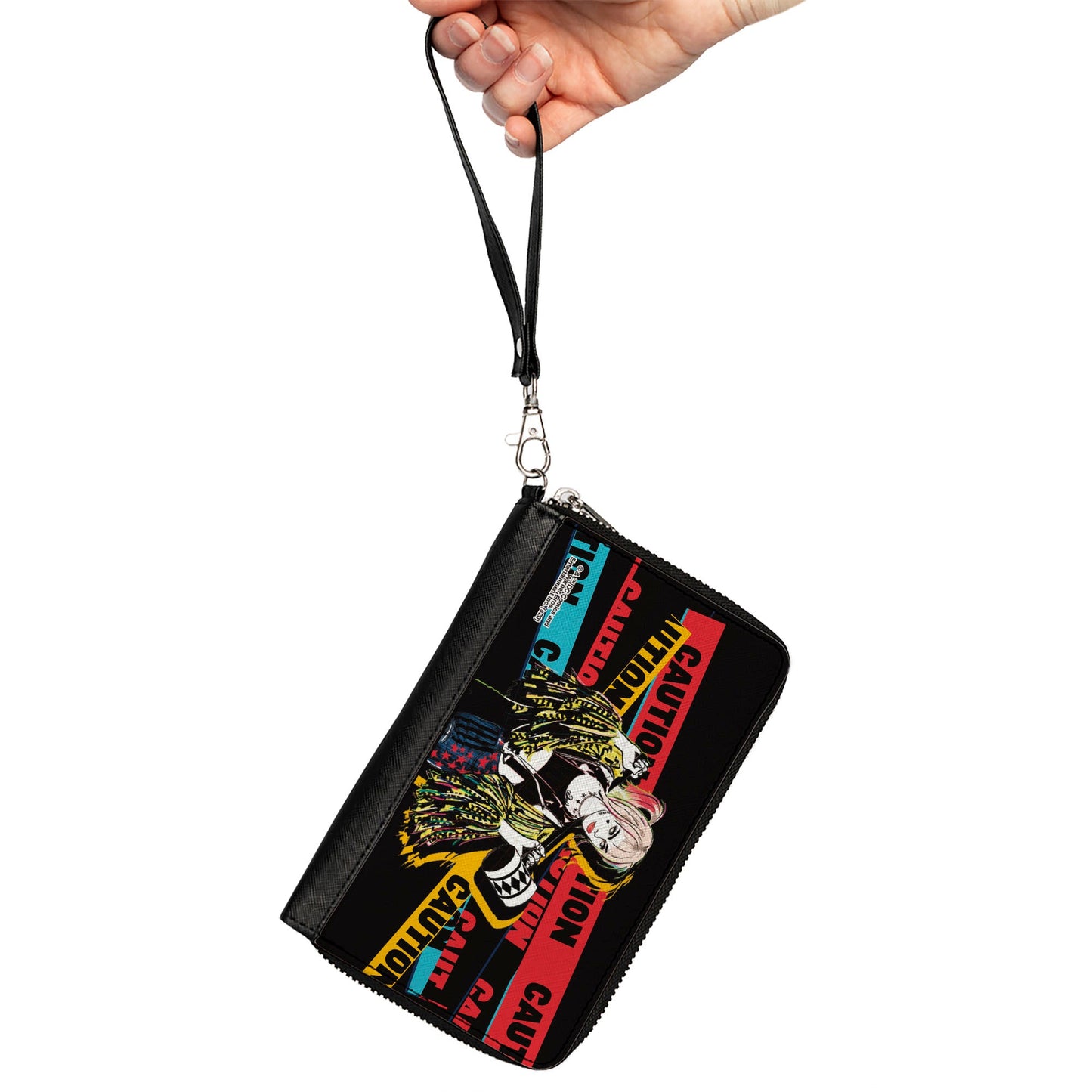 Women's PU Zip Around Wallet Rectangle - Birds of Prey Harley Quinn CAUTION Hammer Pose Black Red Yellow Blue