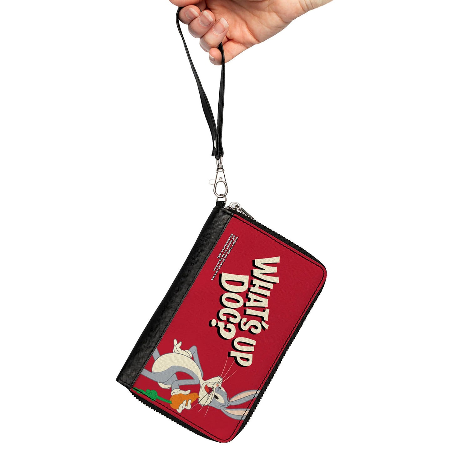 Women's PU Zip Around Wallet Rectangle - Looney Tunes Bugs Bunny WHAT'S UP DOC? Carrot Pose Red