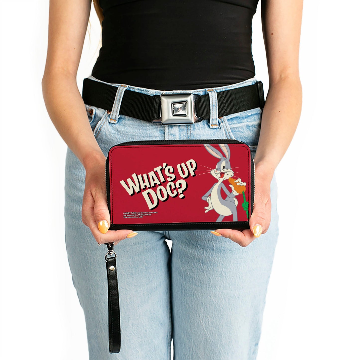 Women's PU Zip Around Wallet Rectangle - Looney Tunes Bugs Bunny WHAT'S UP DOC? Carrot Pose Red