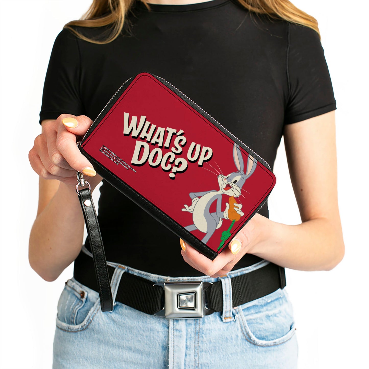 Women's PU Zip Around Wallet Rectangle - Looney Tunes Bugs Bunny WHAT'S UP DOC? Carrot Pose Red