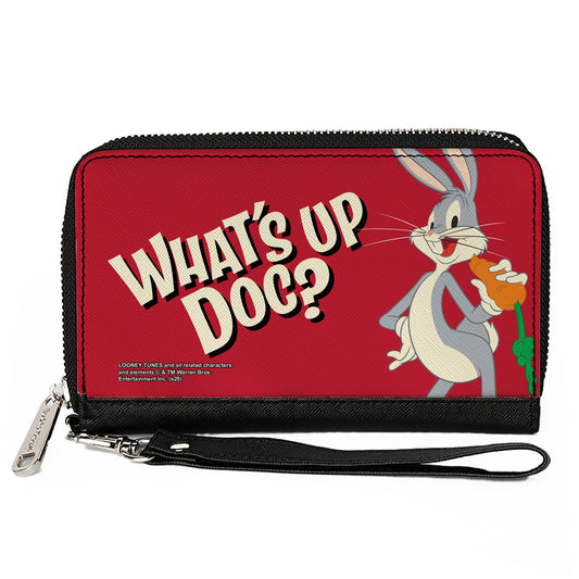 Women's PU Zip Around Wallet Rectangle - Looney Tunes Bugs Bunny WHAT'S UP DOC? Carrot Pose Red