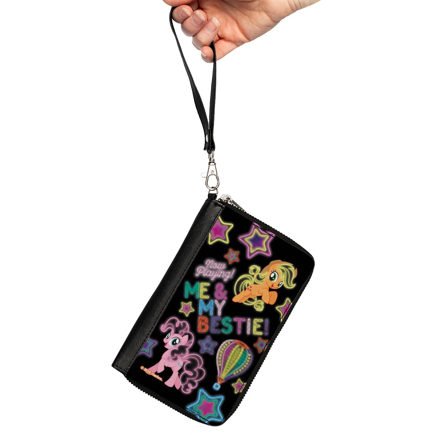 PU Zip Around Wallet Rectangle - My Little Pony Pinkie Pie and Applejack ME & MY BESTIE Neon Art Black/Multi Color