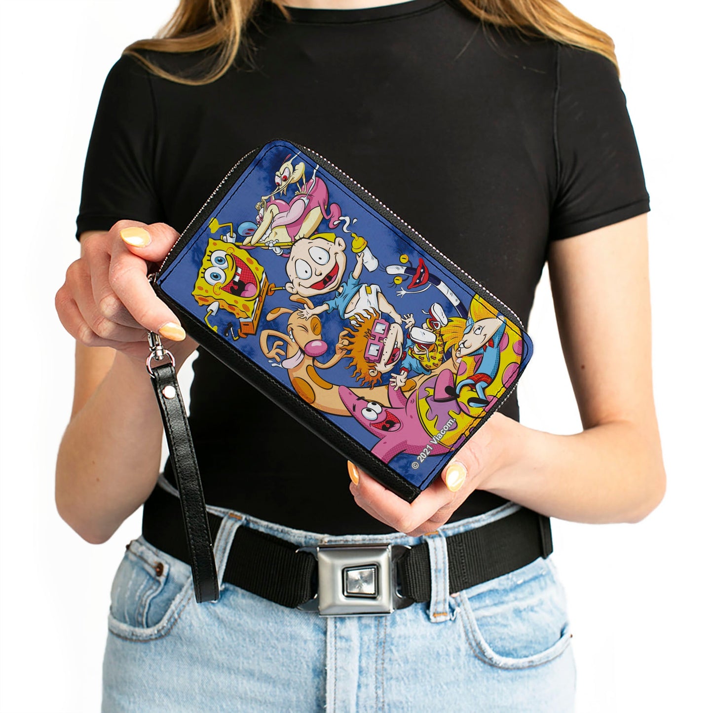 PU Zip Around Wallet Rectangle - Nick 90's 9-Character Mash Up Collage Blues