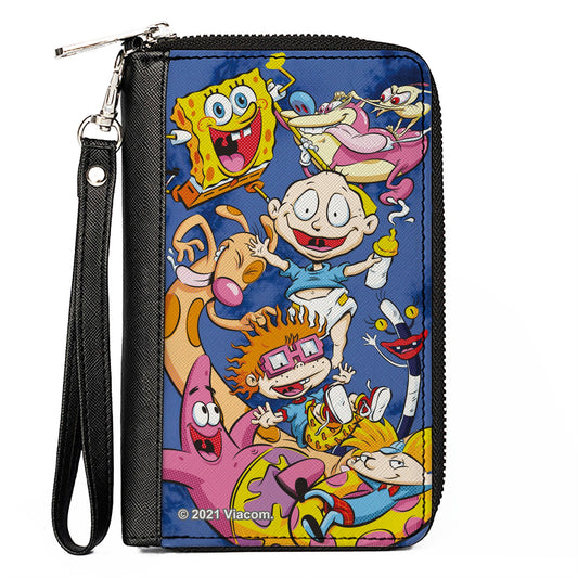 PU Zip Around Wallet Rectangle - Nick 90's 9-Character Mash Up Collage Blues