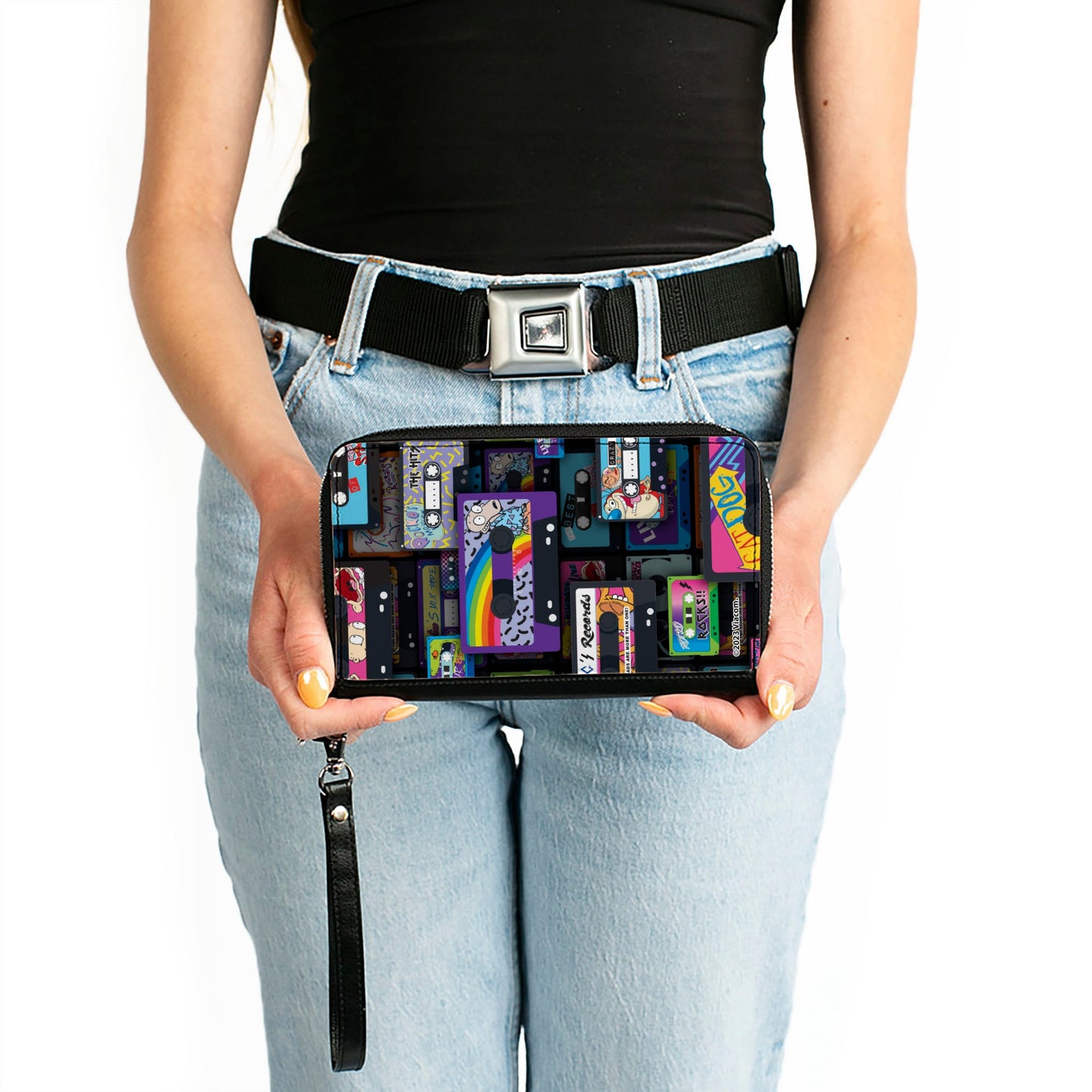 PU Zip Around Wallet Rectangle - Nick 90's Rewind Mash Up Cassette Tapes Collage Black