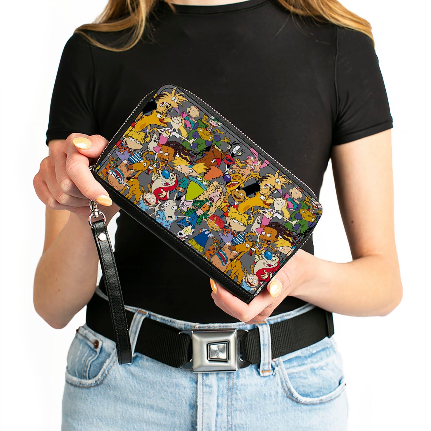 PU Zip Around Wallet Rectangle - Nick 90's Rewind Mutli Character Mash Up Collage Gray